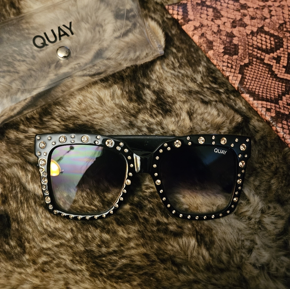 Quay Australia Black Crystal Embellished Square Sunglasses without case